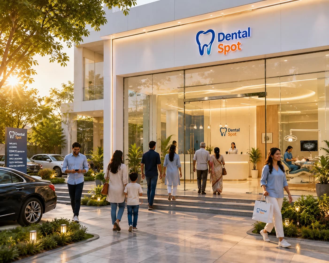 Dental Spot clinic exterior — warm golden hour
