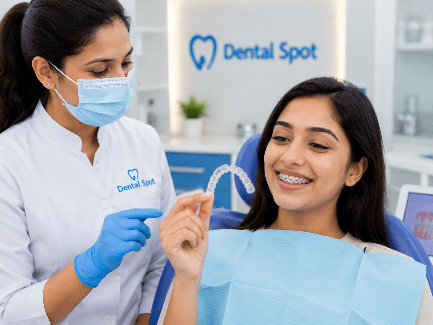 Patient smiling with clear dental aligners